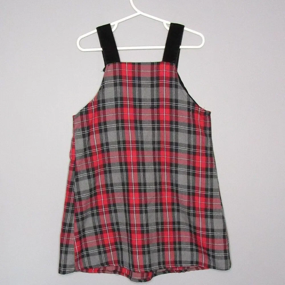 Girls Size 5 Plaid Red Black Jumper Dress Apple Buttons VTG Retro Schoolwear